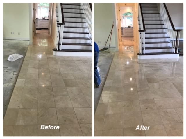 Before and after marble floor restoration in an Oahu home